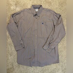 Cinch Light Brown and Navy Striped Dress Shirt, size XL.